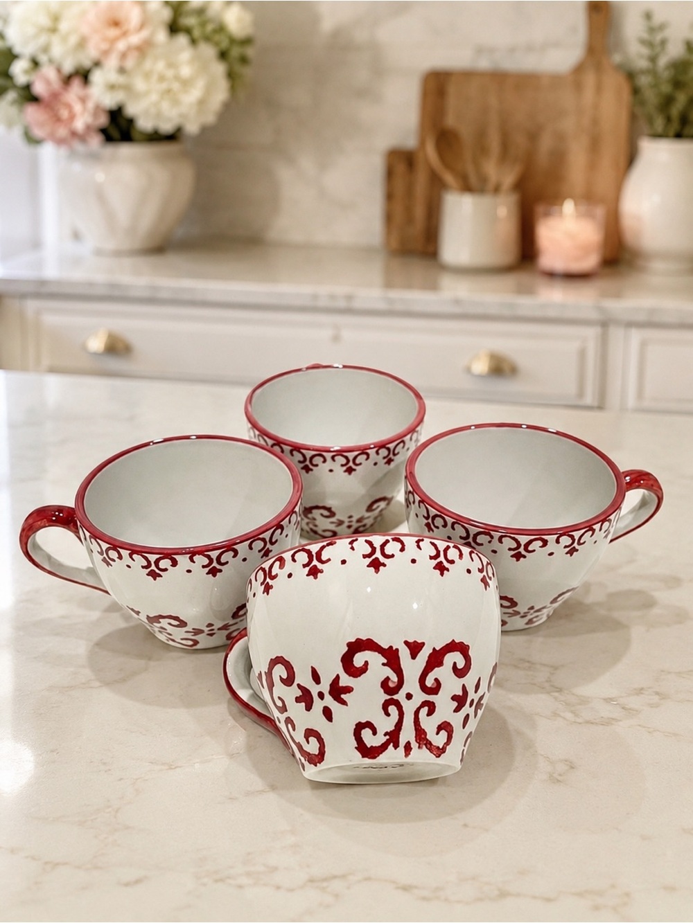 Set (4) Portuguese Hand Painted Pottery Cups Mugs | Mauve & Cream | EUC